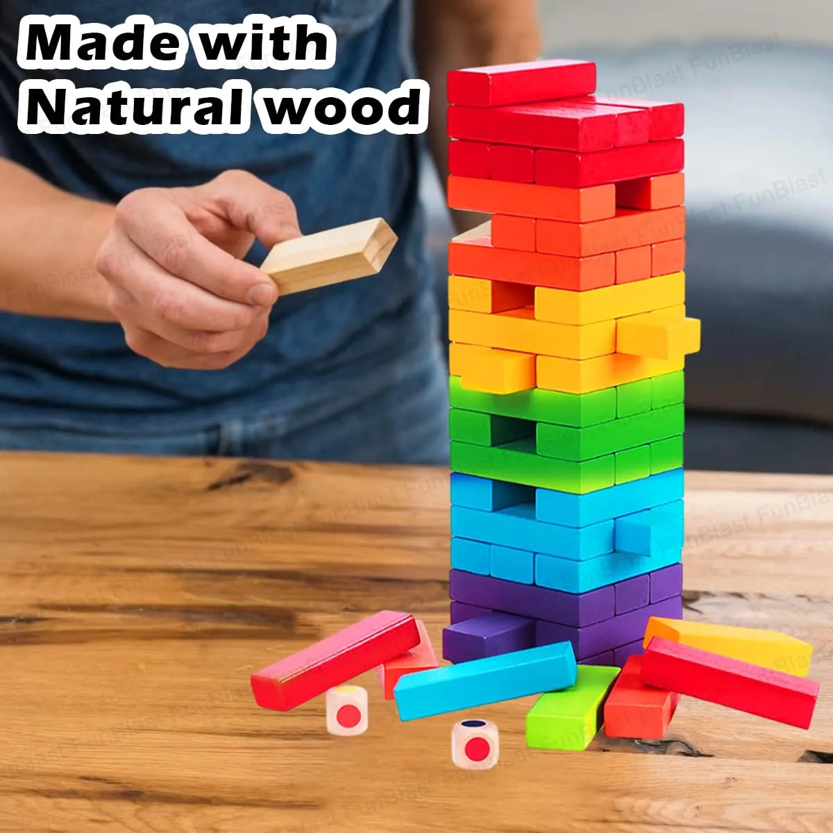 FunBlast Wooden Blocks 48 Pcs Challenging Color Wooden Tumbling Tower, Toys with Dices Board Educational Puzzle Game (Multi Color)