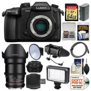 Panasonic Lumix DC-GH5 Wi-Fi 4K Digital Camera Body with 35mm T/1.5 Cine Lens   64GB Card   Case   LED Light &amp; Diffuser   Microphone   Kit