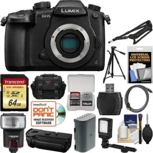 Panasonic Lumix DC-GH5 Wi-Fi 4K Digital Camera Body with 64GB Card   Case   Flash   Battery   Grip   Tripod   Video Light   Sling Strap   Kit