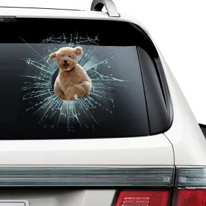 Teesdily | Funny Goldendoodle Dog Jumping Car Stickers Dog Running Cracked Glass Decal Fun Car Decoration